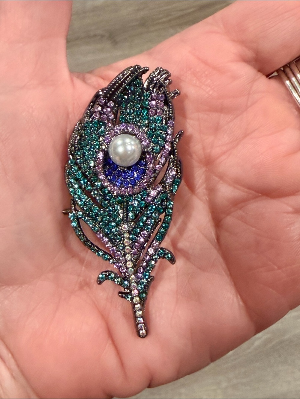 Peacock Feather Crystal Brooch with Pearl Accent